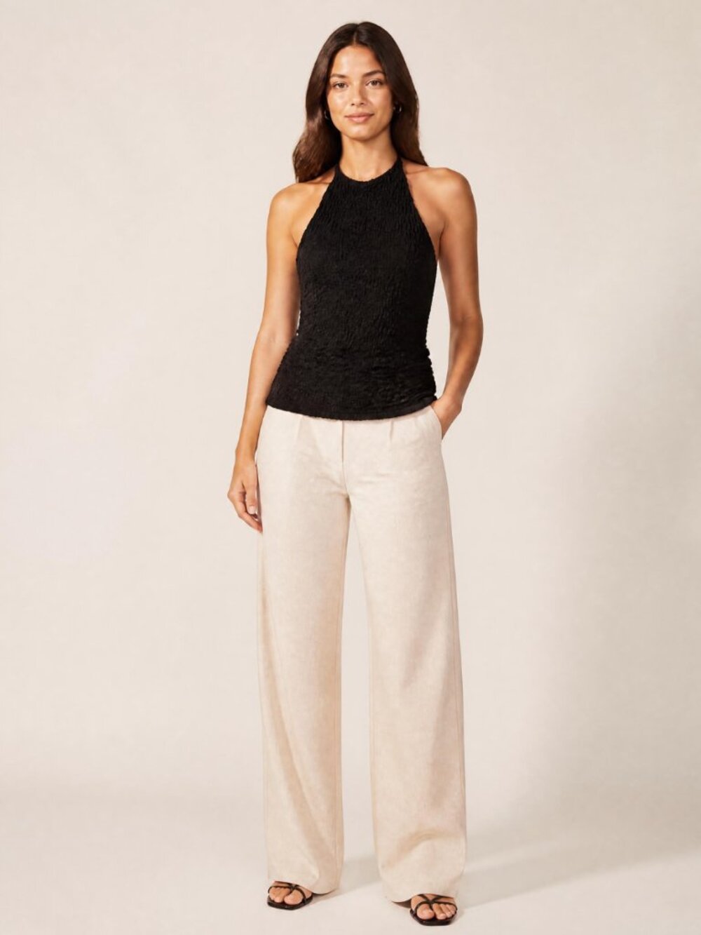ZARA Black Textured Stretch Halter Plunging Open Back Top Adjustable Large